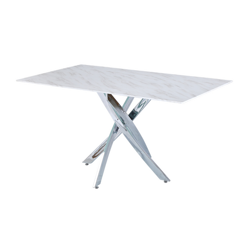 Table Repas JESSICA Chrome et plateau en verre 180 cm 6 à 8 couverts marbré blanc