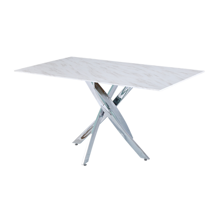 Table Repas JESSICA Chrome et plateau en verre 180 cm 6 à 8 couverts marbré blanc