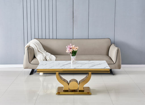 Table basse Trofy Gold et plateau en verre 120x70 cm marbré blanc