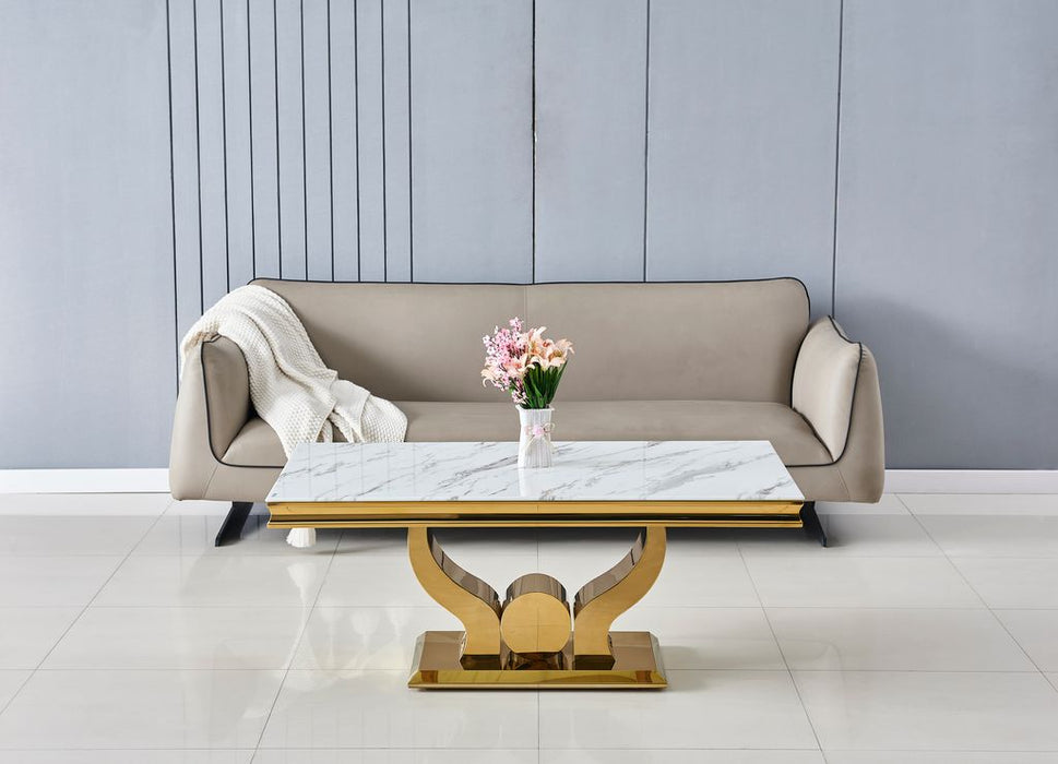 Table basse Trofy Gold et plateau en verre 120x70 cm marbré blanc