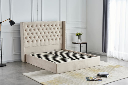 Lit COFFRE 2 places 140X190 cm cm CLOUTE velours beige