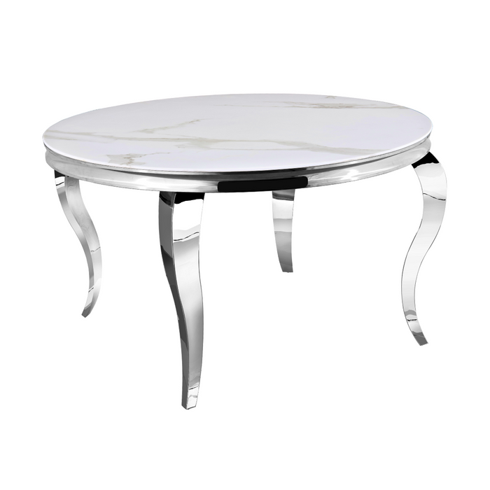 Table à manger ronde BAROQUE chrome  130x75 cm marbré blanc