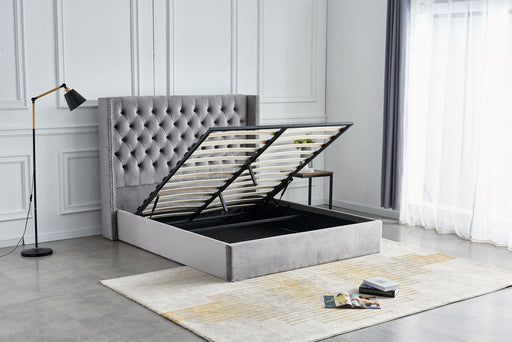 Lit COFFRE 2 places 140X190 cm cm CLOUTE velours gris