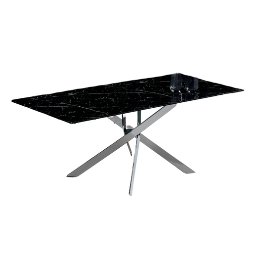 Table Repas JESSICA Chrome et plateau en verre 180 cm 6 à 8 couverts marbré noir