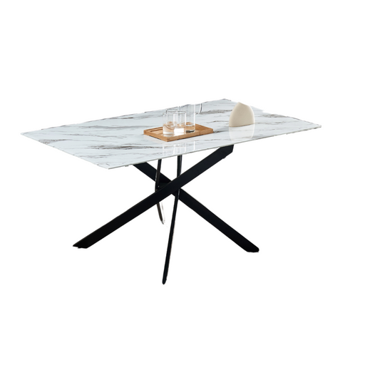 Table Repas JESSICA Métal noir et plateau en verre 150 cm 4 à 6 couverts marbré blanc
