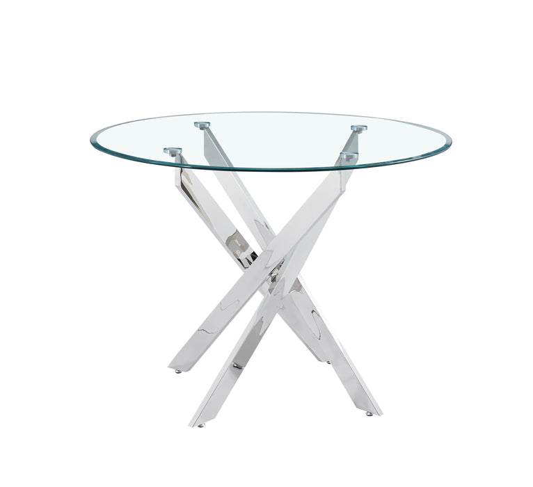 Table a manger ronde JESSICA XXL chrome 120 cm 4 couverts transparent