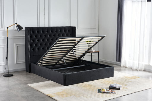 Lit COFFRE 2 places 140X190 cm cm CLOUTE velours noir