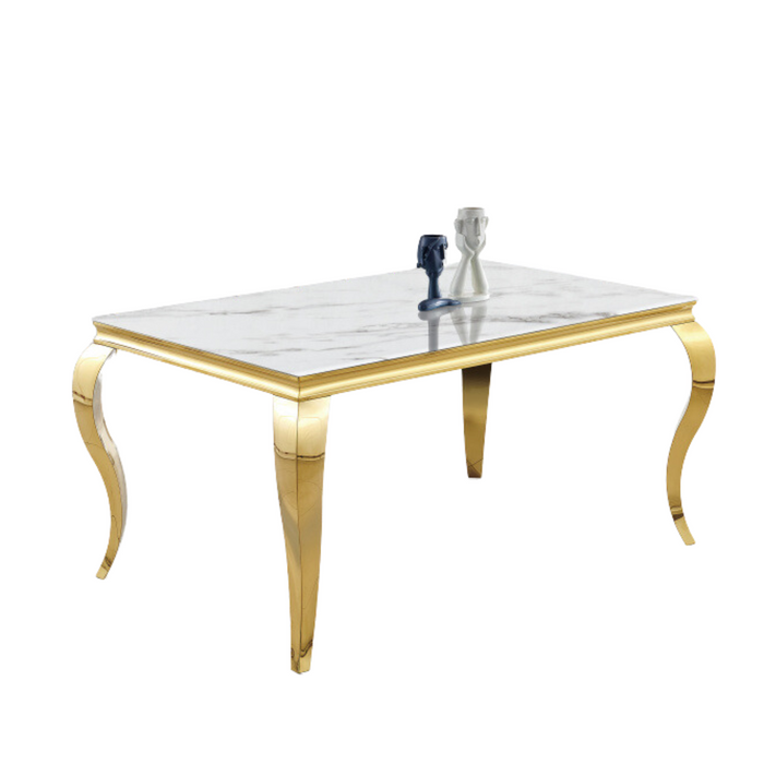 Table à manger BAROQUE 4 à 6 couverts pieds gold plateau en verre 150x90 cm marbré blanc