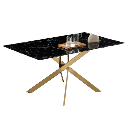 Table Repas JESSICA Gold et plateau en verre 150 cm 4 à 6 couverts marbré noir