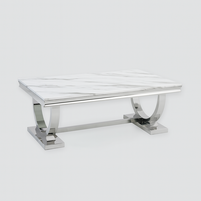 Table Basse Omega Chrome plateau verre 120x70 cmv marbré blanc