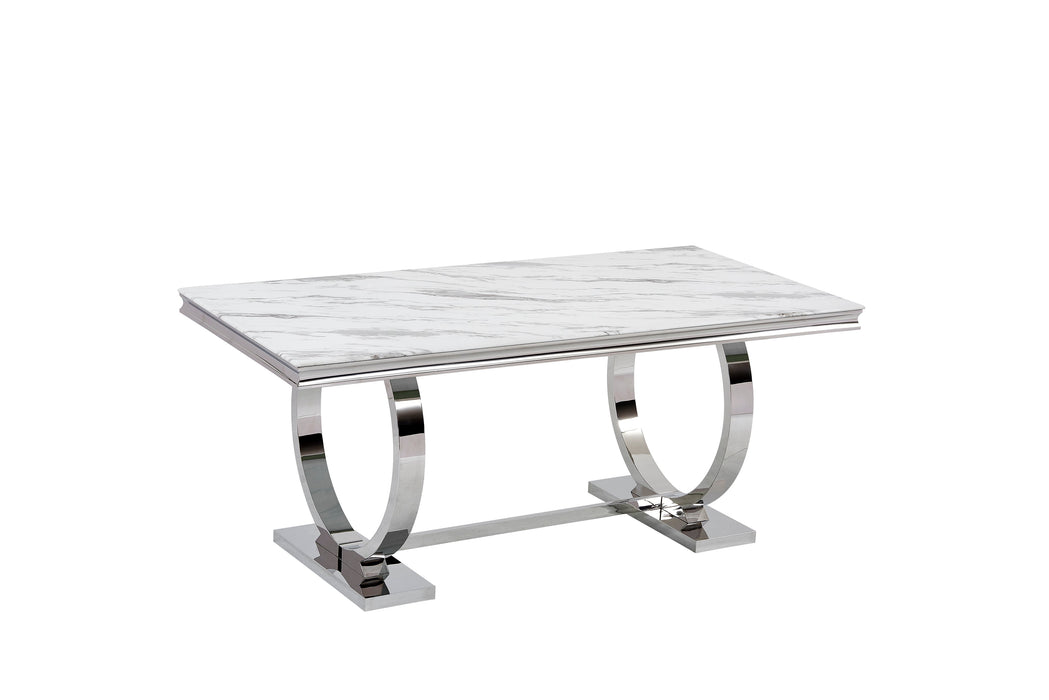 Table à manger 6 à 8 personnes OMEGA Chrome verre 180x90 cm marbré blanc