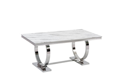 Table à manger 6 à 8 personnes OMEGA Chrome verre 180x90 cm marbré blanc