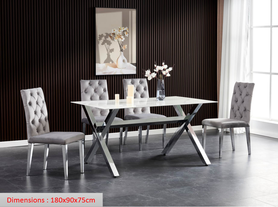 Table à manger IXE chrome plateau en verre trempé 150 cm