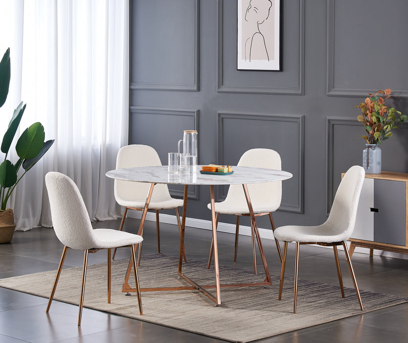 Table à manger ronde 4 personnes HELOISE Gold rose verre blanc D120 cm marbré blanc
