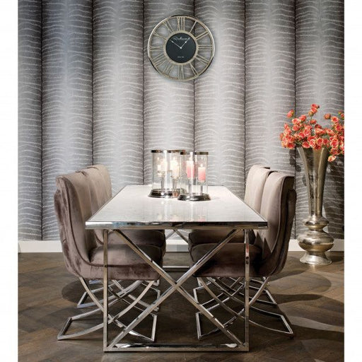Table repas LEVANTO chrome plateau en verre trempé blanc
