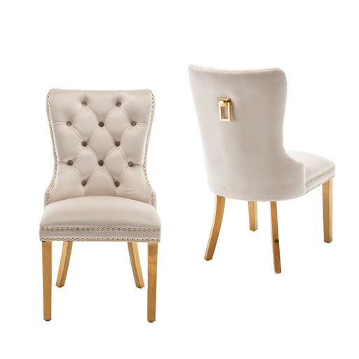 Chaise POIGNEE Cloûté en velours pied Gold beige