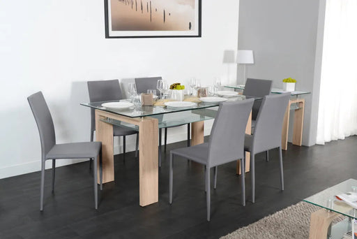 Table à manger en bois GLORIA plateau en verre trempé chêne