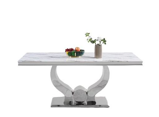 Table à manger TROFY 6 à 8 personnes chrome verre 180x90 cm marbré blanc