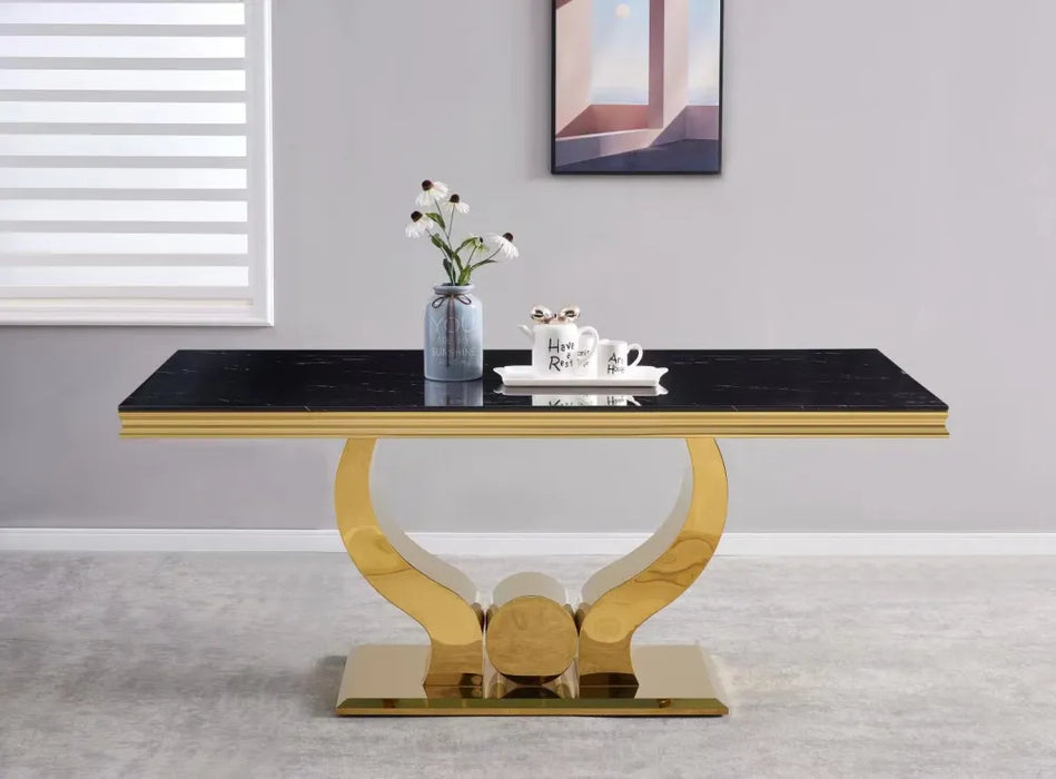 Table à manger TROFY 6 à 8 personnes gold verre 180x90 cm marbré noir
