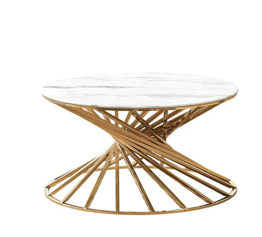 Table basse ronde NAUTILUS Gold plateau verre  D80 cm marbré blanc