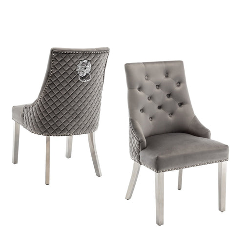 Chaise LION mattelassée et cloûtée chrome velours gris