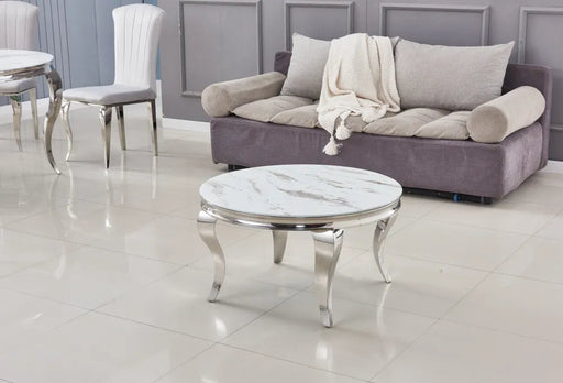 Table basse ronde baroque chrome et plateau en verre de 80 cm marbré blanc