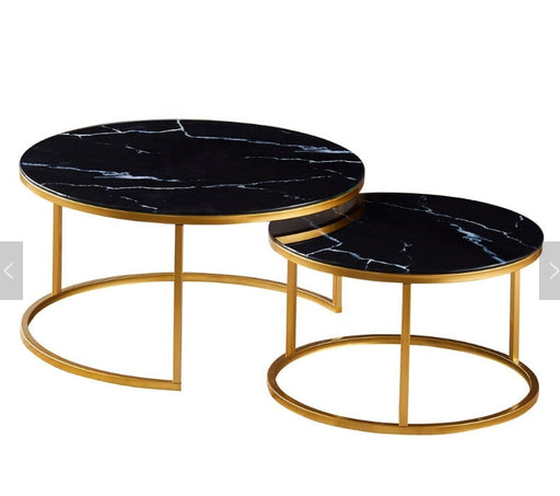 Table Basse Gigogne ARTO Gold et plateau en verre marbré noir