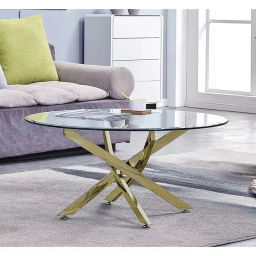 Table basse ronde JESSY pieds Gold et plateau en verre 80 cm transparent