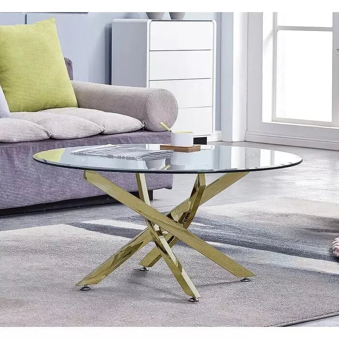 Table basse ronde JESSY pieds Gold et plateau en verre 80 cm transparent