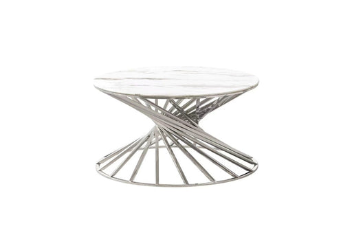 Table basse ronde NAUTILUS chromé plateau verre  D80 cm marbré blanc