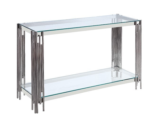 Console FLUTE Chrome plateau verre transparent 120x40x78 cm