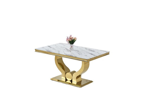 Table à manger TROFY 4 à 6 personnes Gold verre 150x90 cm marbré blanc