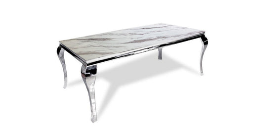 Table à manger BAROQUE 6 à 8 couverts pieds chrome plateau en verre 180x90 cm marbré blanc