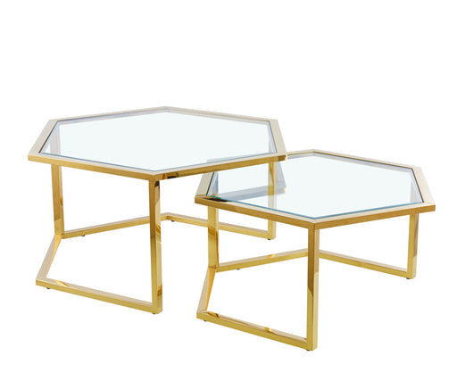 Table Basse Gigogne HEXAGONA structure Gold et plateau en verre transparent