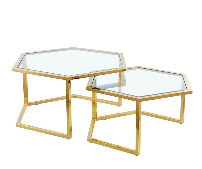 Table Basse Gigogne HEXAGONA structure Gold et plateau en verre transparent