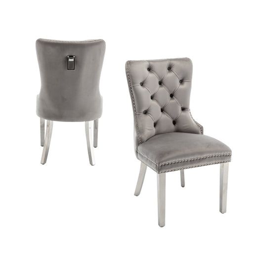 Chaise POIGNEE Cloûté en velours pied chromé gris