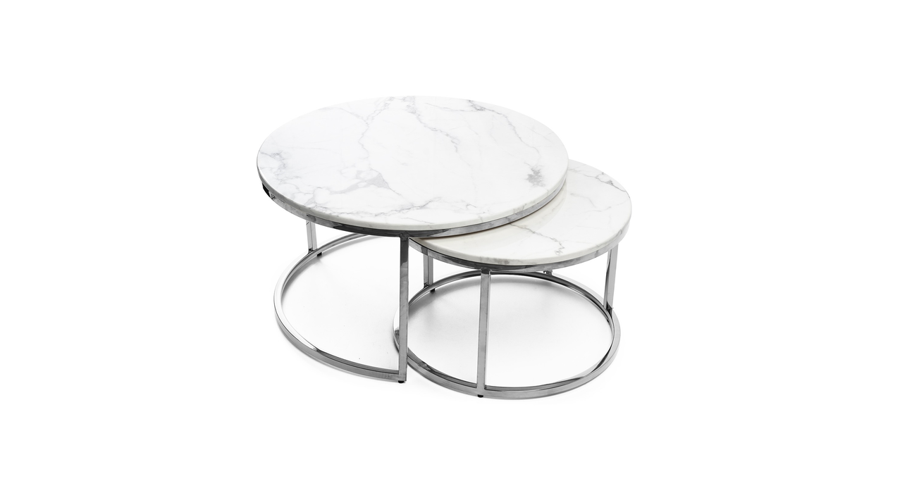 Table Basse Gigogne ARTO inox et plateau en verre marbré blanc