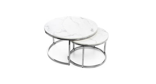 Table Basse Gigogne ARTO inox et plateau en verre marbré blanc