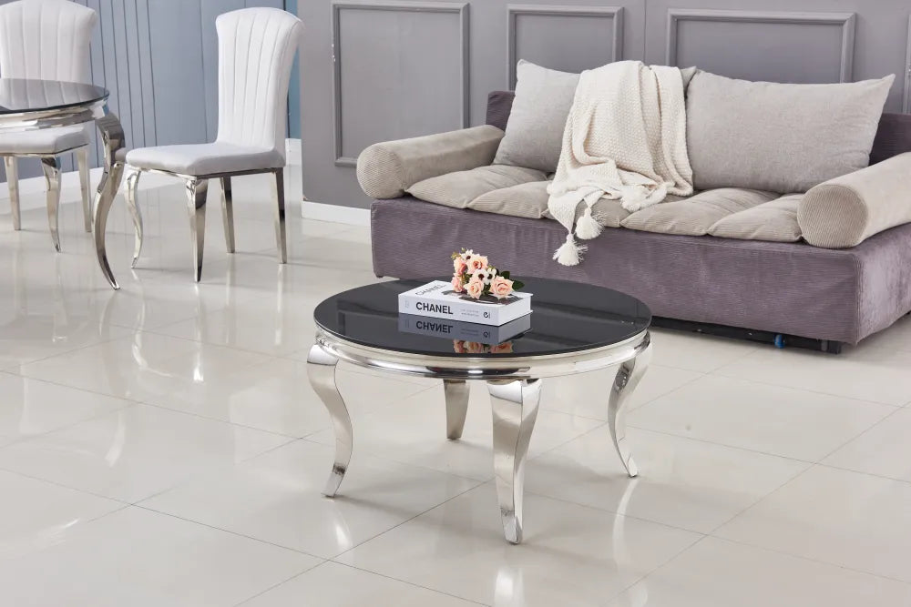 Table basse ronde baroque chrome et plateau en verre de 80 cm  noir