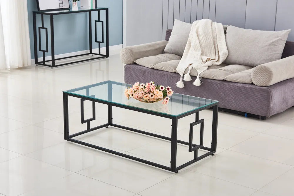 Table basse SOPHIE  pieds en métal noir 120 cm transparent
