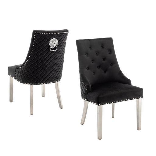 Chaise LION mattelassée et cloûtée chrome velours noir
