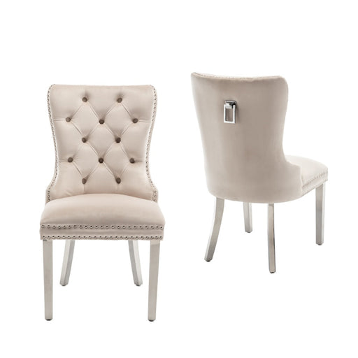 Chaise POIGNEE Cloûté en velours pied chromé beige