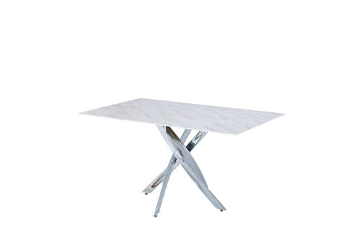 Table Repas JESSICA Chrome et plateau en verre 150 cm 4 à 6 couverts marbré blanc