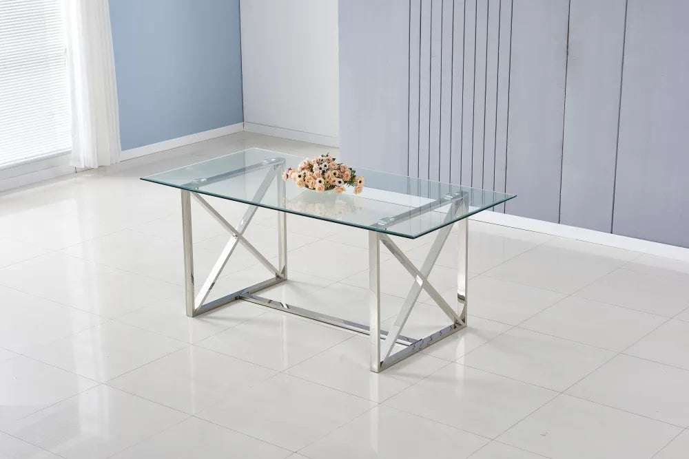 Table à manger KENSY 6 à 8 personnes verre transparent 180x90 cm  chrome