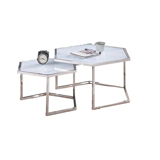 Table Basse Gigogne HEXAGONA structure chrome et plateau en verre blanc