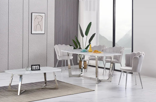 Table à manger GOSSIP plateau en Granite Marbré Blanc chrome