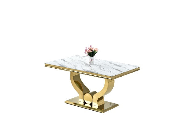 Table à manger TROFY 6 à 8 personnes gold verre 180x90 cm marbré blanc