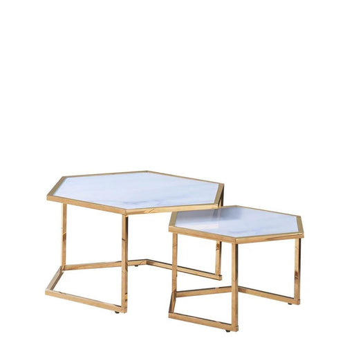 Table Basse Gigogne HEXAGONA structure Gold et plateau en verre marbré blanc