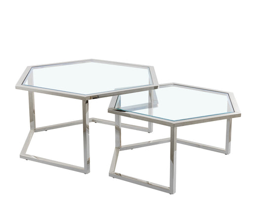 Table Basse Gigogne HEXAGONA structure chrome et plateau en verre transparent