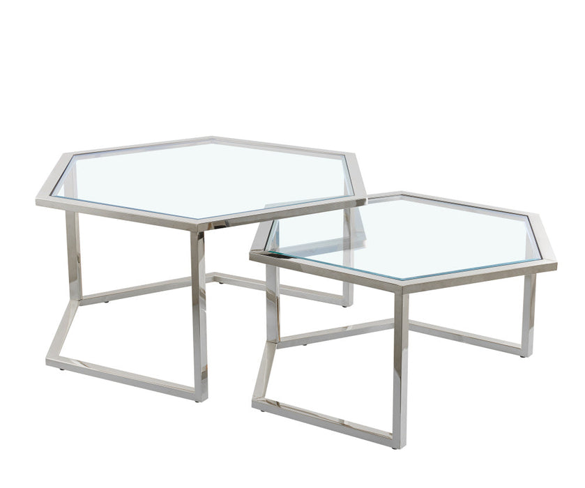 Table Basse Gigogne HEXAGONA structure chrome et plateau en verre transparent
